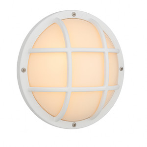 Nautical Round White Outdoor Hardwired Bulkhead Sconce - Grid-Style Diffuser Cage 