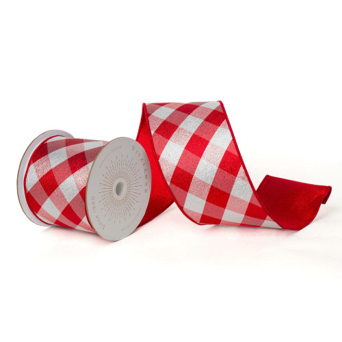 Vickerman QK240710 - Red / Silver Metallic Diagonal Wired Decorative Ribbon - 4" x 10 Yards