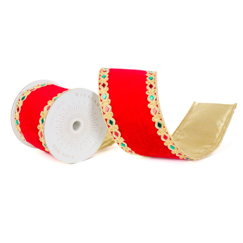 Vickerman QK240965 - Red / Gold Velvet Wired Decorative Ribbon - 4" x 10 Yards