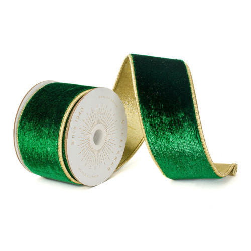 Vickerman QK241105 - Emerald / Gold Velvet Wired Decorative Ribbon - 2.5" x 10 Yards