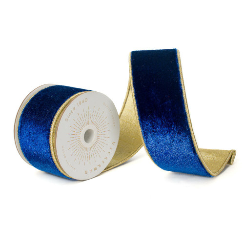 Vickerman QK241110 - Blue / Gold Velvet Wired Decorative Ribbon - 2.5" x 10 Yards 