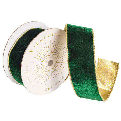 Vickerman QK241330 - Emerald / Gold Velvet Wired Decorative Ribbon - 2.5" x 10 Yards 