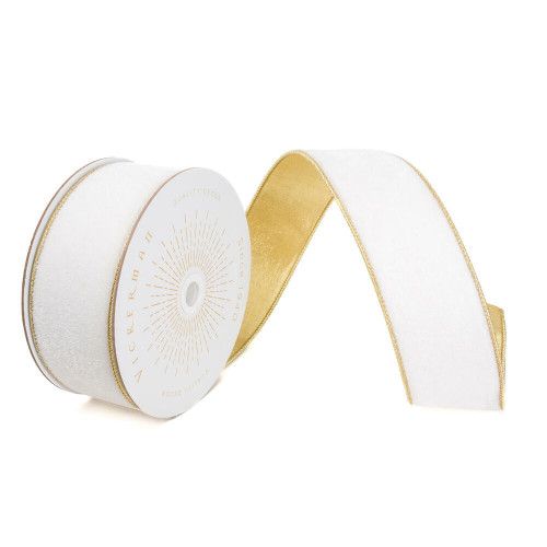 Vickerman QK241705 - White / Gold Velvet Wired Decorative Ribbon - 2.5" x 10 Yards 