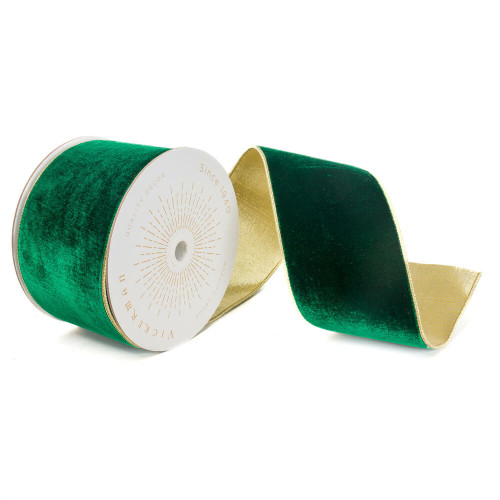 Vickerman QK242105 - Emerald / Gold Velvet Wired Decorative Ribbon - 4" x 10 Yards