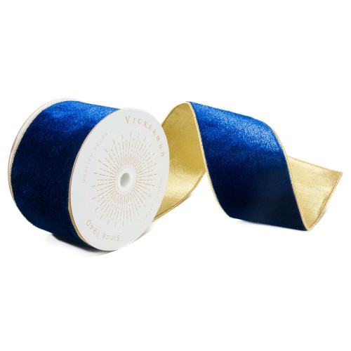Vickerman QK242160 - Blue / Gold Velvet Wired Decorative Ribbon - 4" x 10 Yards