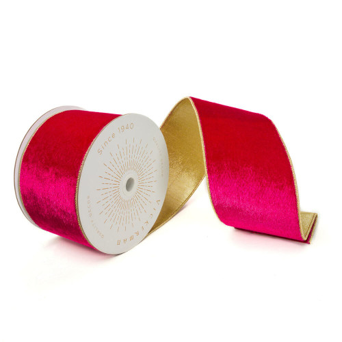 Vickerman QK242180 - Pink / Gold Velvet Wired Decorative Ribbon - 4" x 10 Yards
