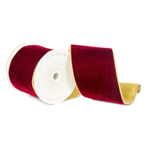 Vickerman QK242310 - Burgundy / Gold Velvet Wired Decorative Ribbon - 4" x 10 Yards