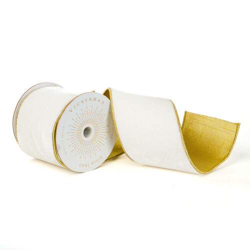 Vickerman QK242315 - Ivory / Gold Velvet Wired Decorative Ribbon - 4" x 10 Yards