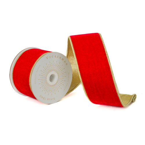Vickerman QK242545 - Red / Gold Velvet Wired Decorative Ribbon - 2.5" x 10 Yards 