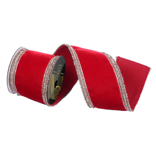 Vickerman QK251203 - Red / Champagne Velvet Wired Decorative Ribbon - 4" x 5 Yards