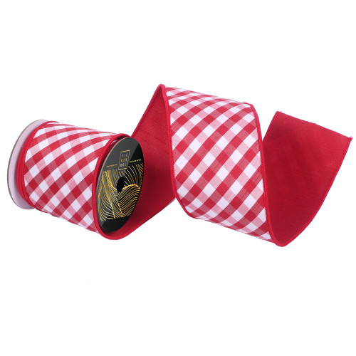 Vickerman QK253403 - Red / White Dupion Plaid Wired Decorative Ribbon - 4" x 10 Yards 
