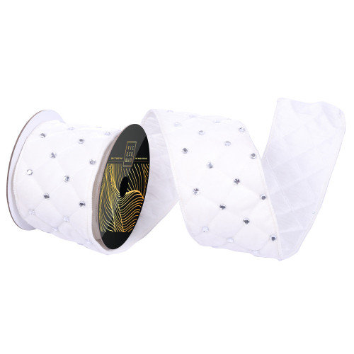 Vickerman QK254611 - White / Silver Velvet Wired Decorative Ribbon - 4" x 5 Yards 