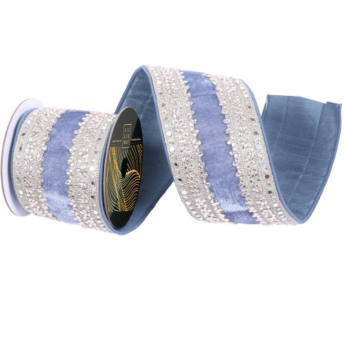 Vickerman QK254952 - Denim / Blue Velvet Wired Decorative Ribbon - 4" x 5 Yards