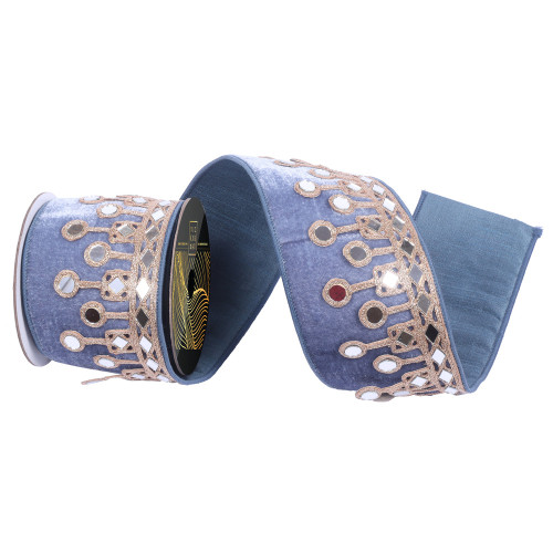 Vickerman QK256052 - Denim / Blue Dupion Wired Decorative Ribbon - 4" x 5 Yards