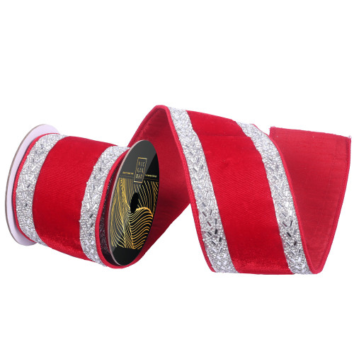Vickerman QK256303 - Red / Silver Velvet Wired Decorative Ribbon - 4" x 5 Yards 