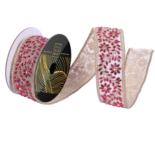 Vickerman QK256570 - Fuchsia / Gold Jewel Wired Decorative Ribbon - 2" x 5 Yards 