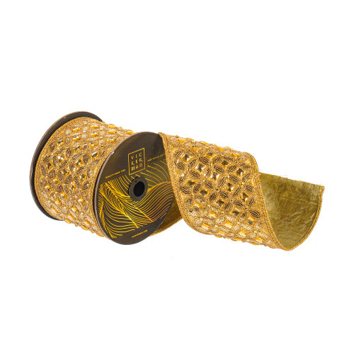 Vickerman QK257608 - Gold Metallic Wired Decorative Ribbon - 4" x 5 Yards