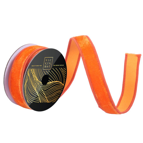 Vickerman QK258618 - Orange Velvet Wired Decorative Ribbon - 1" x 10 Yards 