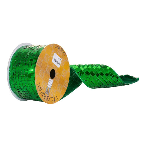 Vickerman QY231595 - Green Sequin Rectangle Wired Decorative Ribbon - 2.5" x 10 Yards