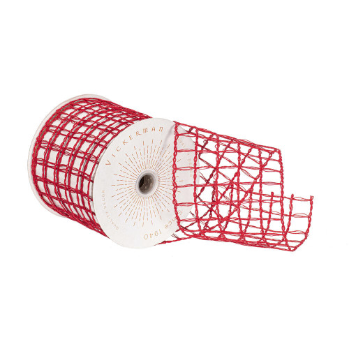 Vickerman QY240945 - Red Grid Wired Decorative Ribbon - 3.75" x 10 Yards 
