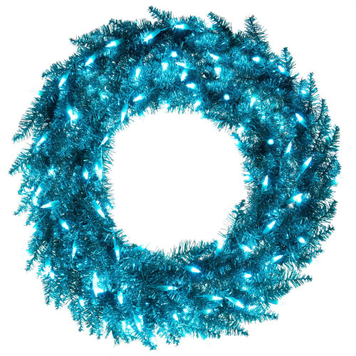 Vickerman K234231LED - 30" Aqua Tinsel Wreath with Aqua LED Lights 