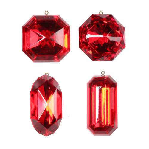 Vickerman MT233203 - 4 inch to 5 inch Red Jewel Glitter Assorted Christmas Ornament - 4 Pack