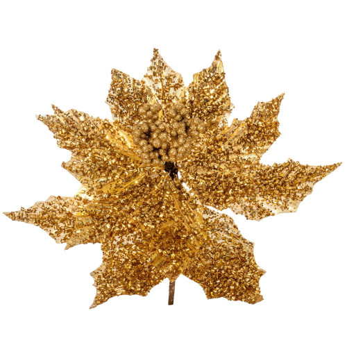 Vickerman L250308UV - 12 in. Gold Glitter Poinsettia Stem UV Artificial Spray - 2 Pack 