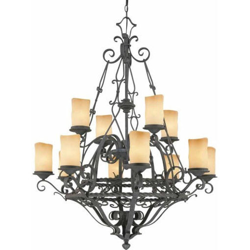 Volume Lighting V4572-36 - Antique Iron 2-Tier Chandelier - Amber Glass Candle Shades