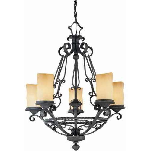 Volume Lighting V4575-36 - Antique Iron Chandelier - Amber Glass Candle Shades
