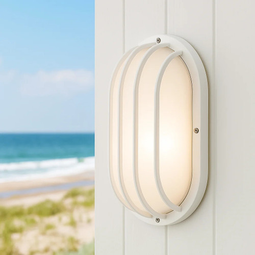 White Nautical Oval Bulkhead Wall Fixture with Protective Grill Design 