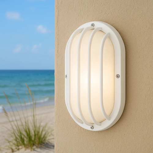 Wave Lighting S76WF-WH – White Oval Outdoor Wall Fixture with Grill – Frosted Diffuser 