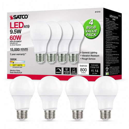 Satco S11415 - 9.5W LED A19 Bulb - 3000K - Dimmable - 4 Pack