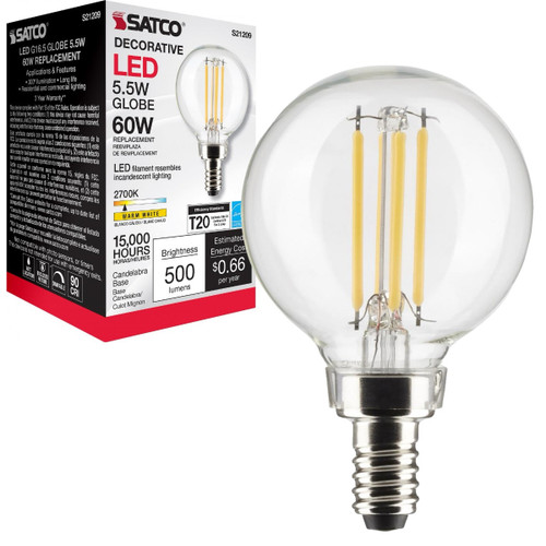 Satco S21209 – 5.5W G16.5 LED Globe Filament Bulb – E12 Base - 2700K