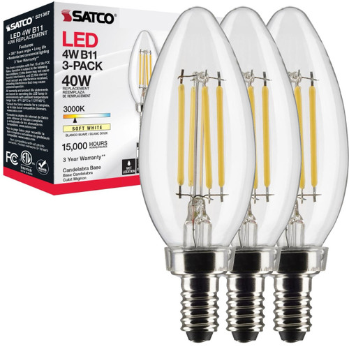 Satco S21367 4B11/LED/930/CL/120V/E12/3PK - B11 LED Filament Lamp - 3000K 