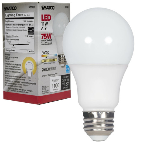 Satco S29811 11A19/LED/3000K/1100L/120V/D - A19 LED Bulb - 3000K