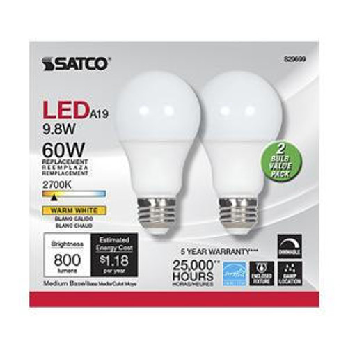  Satco S29699 9.8A19/LED/2700K/800L/2PK 