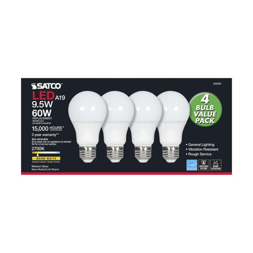 Satco S39596 - 9.5W LED A19 Light Bulb - 2700K - 4 Pack 