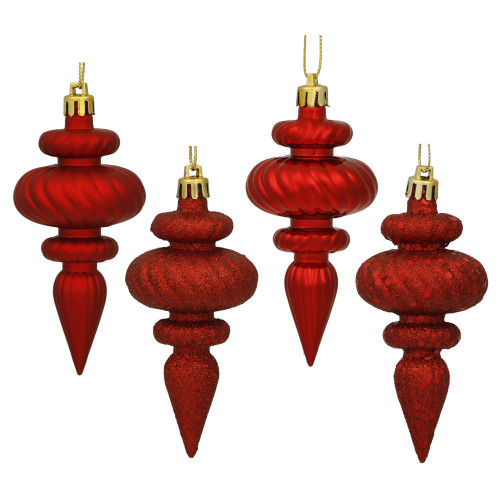 Vickerman N500003 - 4 inch Red 4-Finish Finial Christmas Ornament - 8 Pack