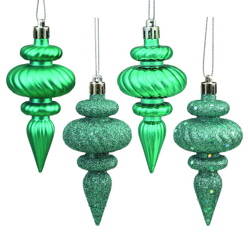 Vickerman N500042 - 4 inch Teal 4-Finish Finial Christmas Ornament - 8 Pack