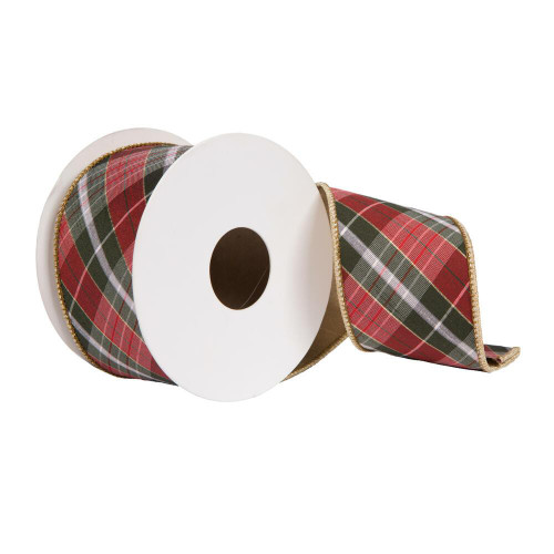 Vickerman QR220758 - Gray / Gold Plaid Fused Wired Decorative Ribbon - 2.5" x 5 Yards