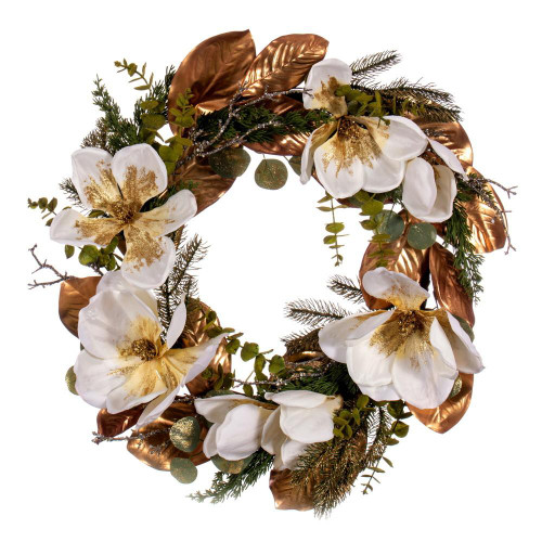  Vickerman FT224530 30" White/Gold Magnolia Wreath 