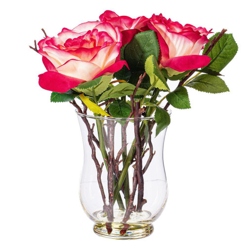 Vickerman FX190202 - 10" Artificial Dark Pink Rose In Glass Vase 