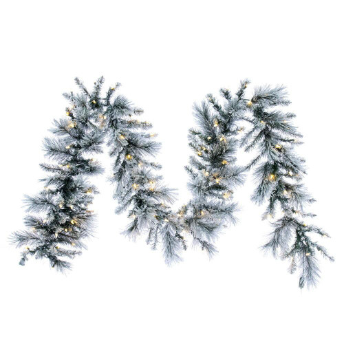 Vickerman G225715LED - 9 ft Green White Flocked Jackson Pine Christmas Garland - Warm White LED