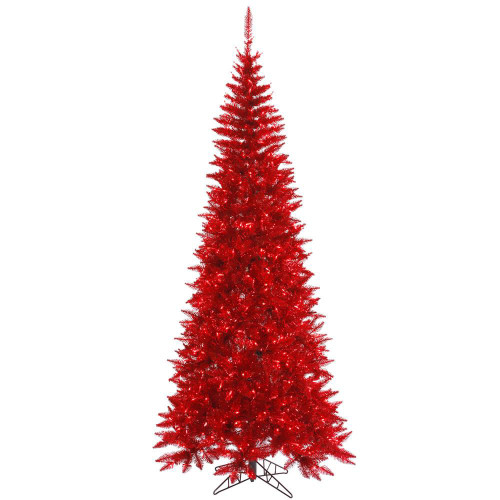 Vickerman K165076LED 7.5ft Tinsel Red Slim Fir Christmas Tree with Lights