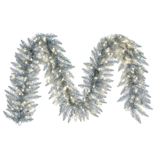 Vickerman K166915LED - 9 ft Silver Tinsel Fir Christmas Garland - Warm White LED