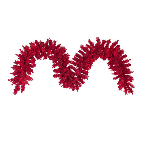 Vickerman K168115LED - 9 ft Flocked Red Fir Christmas Garland - Red LED