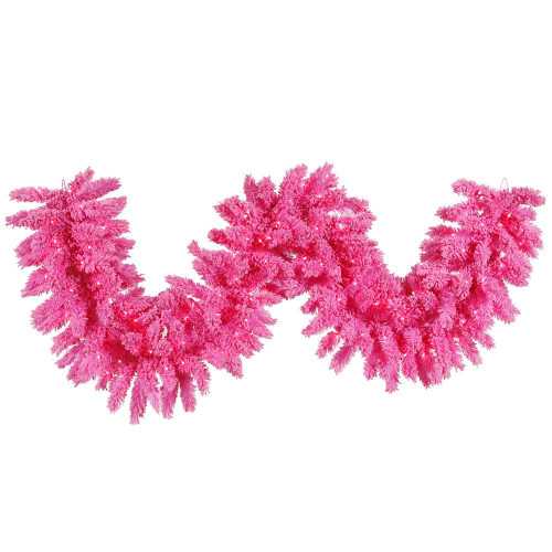 Vickerman K168815LED 9ft Flocked Pink Garland with LED Lights