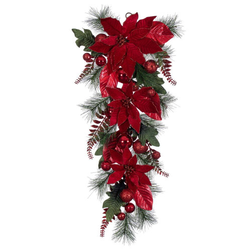 Vickerman L225408 - 32" Merry Red Poinsettia Decratd Teardrop Wreath