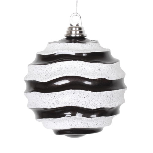 Vickerman M132077 - 6 inch Black & White Candy Glitter Wave Ball Christmas Ornament