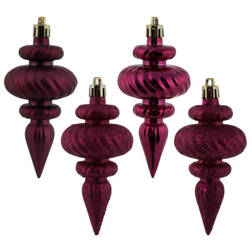 Vickerman N500021 - 4 inch Berry Red 4-Finish Finial Christmas Ornament - 8 Pack